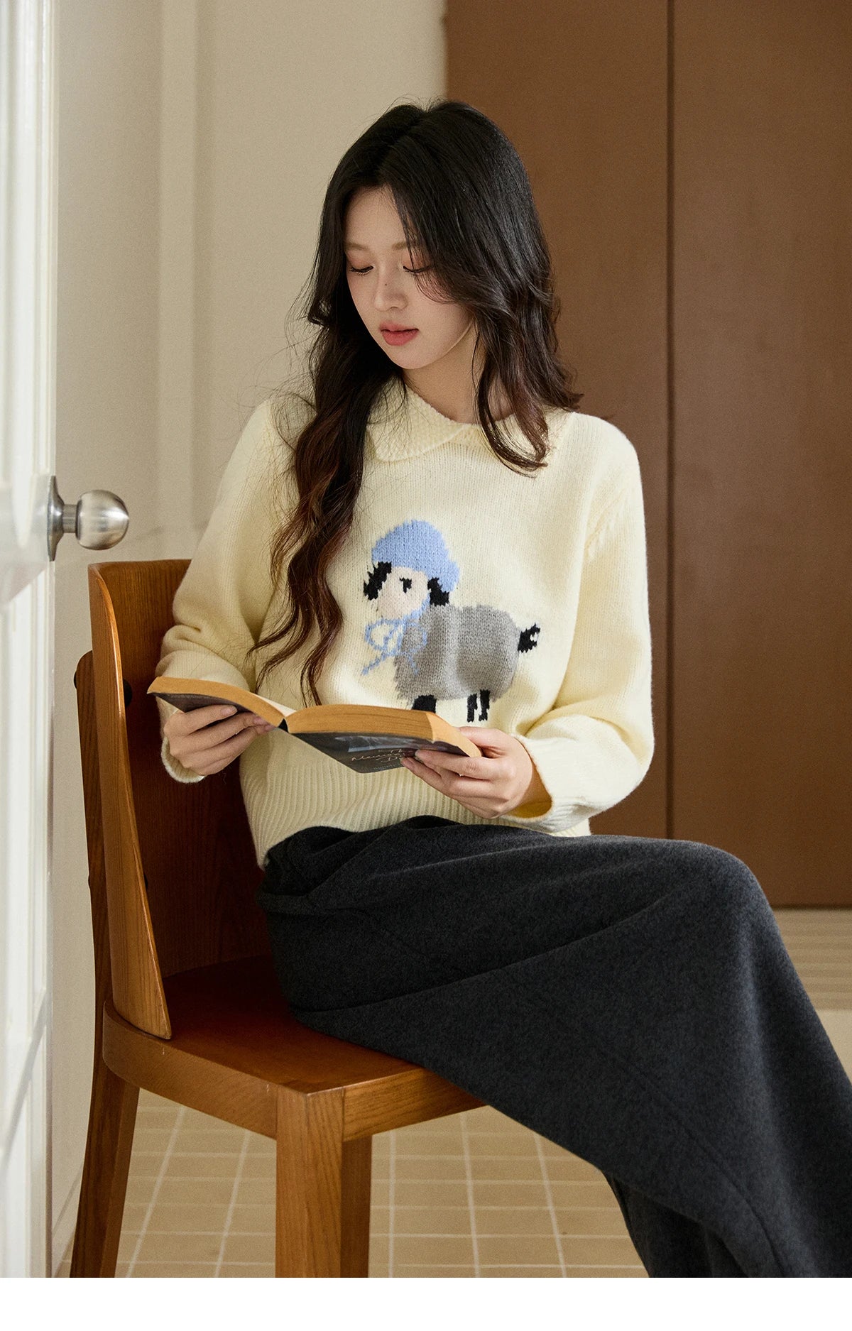 Mishow Beige Sheep Pattern Round Collar Sweater MXE94Z2962