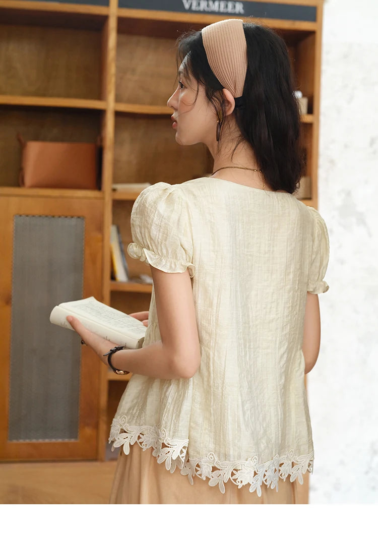 MISHOW French Round Neck Lace Up Blouse Embroidery Puff Sleeve MXE39X1956