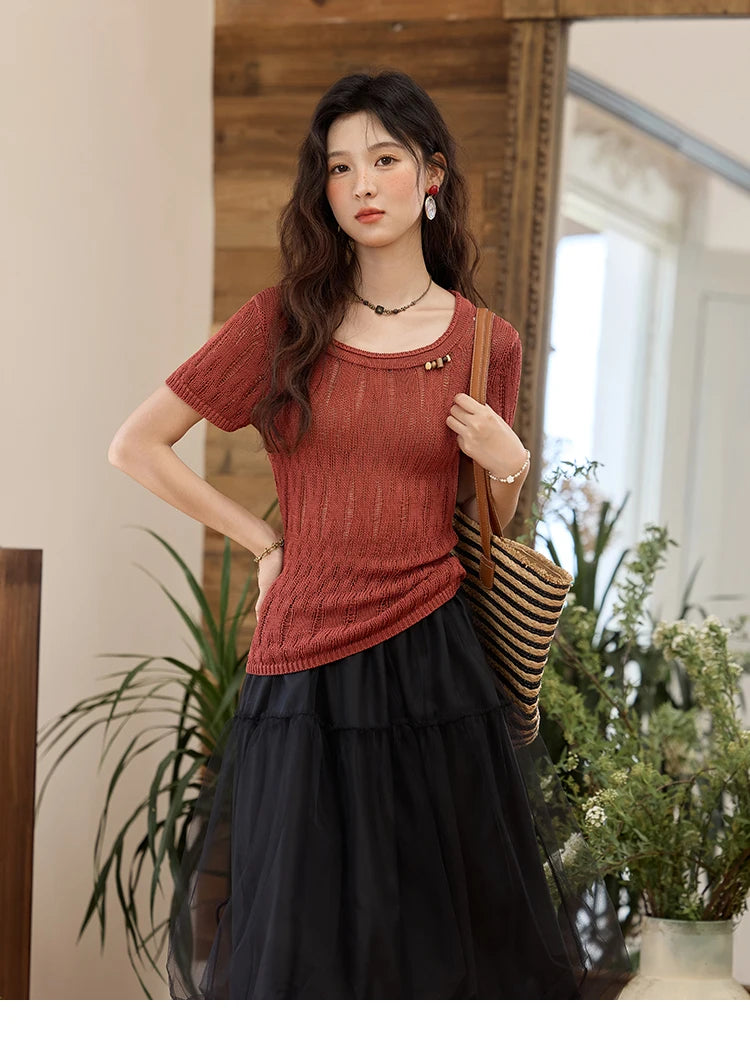 Mishow Retro Red Hollow Bead Knit Tee MXE35Z1271