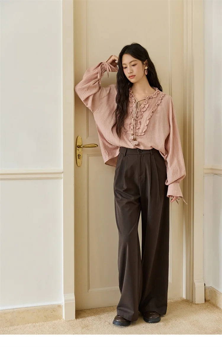 MISHOW Pink Blouse V-Neck Bubble Sleeve Fold Edge MXE45X2485
