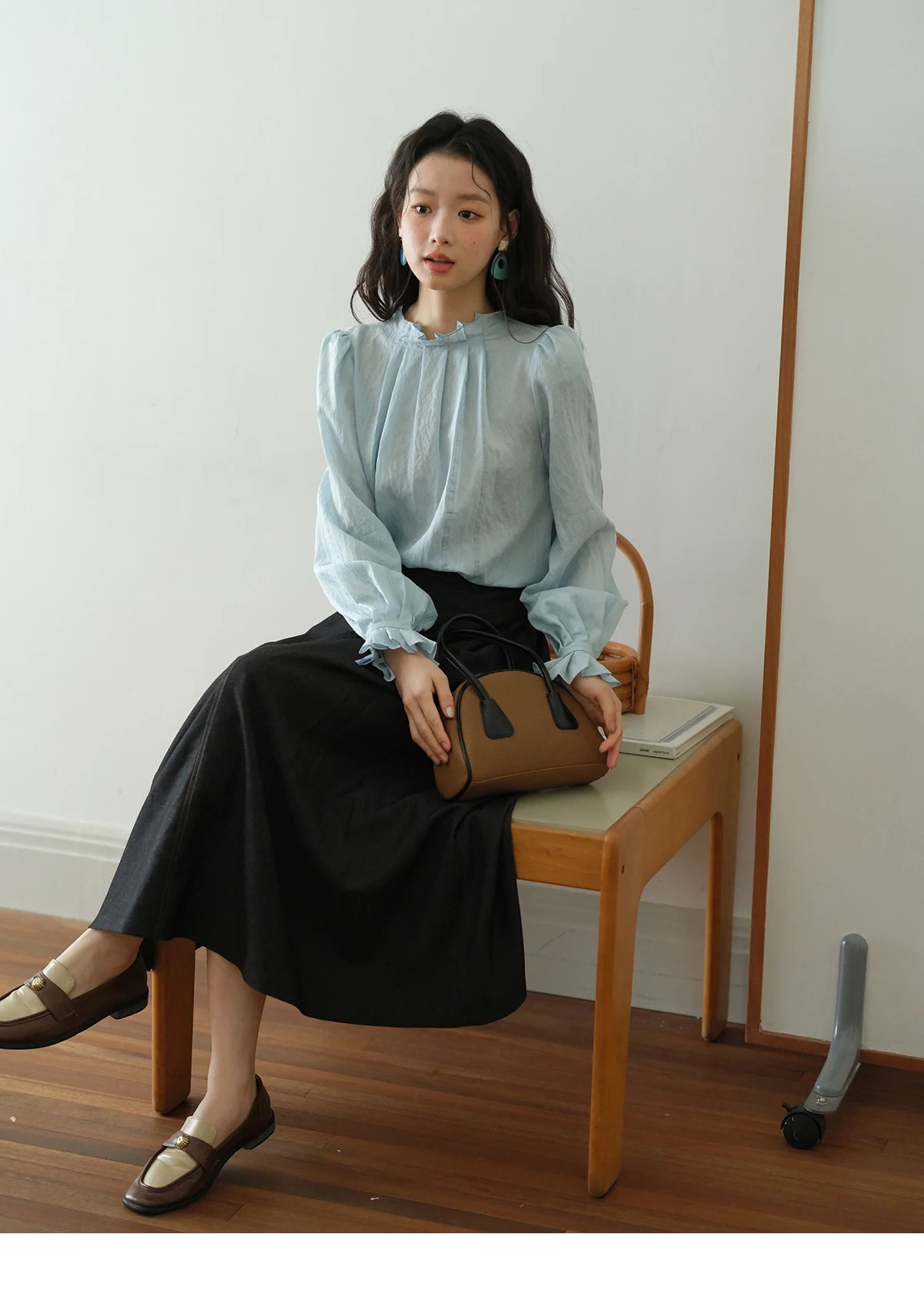 MISHOW Blue Jacquard Blouse Stand Collar Bubble Sleeves MXE41X1934