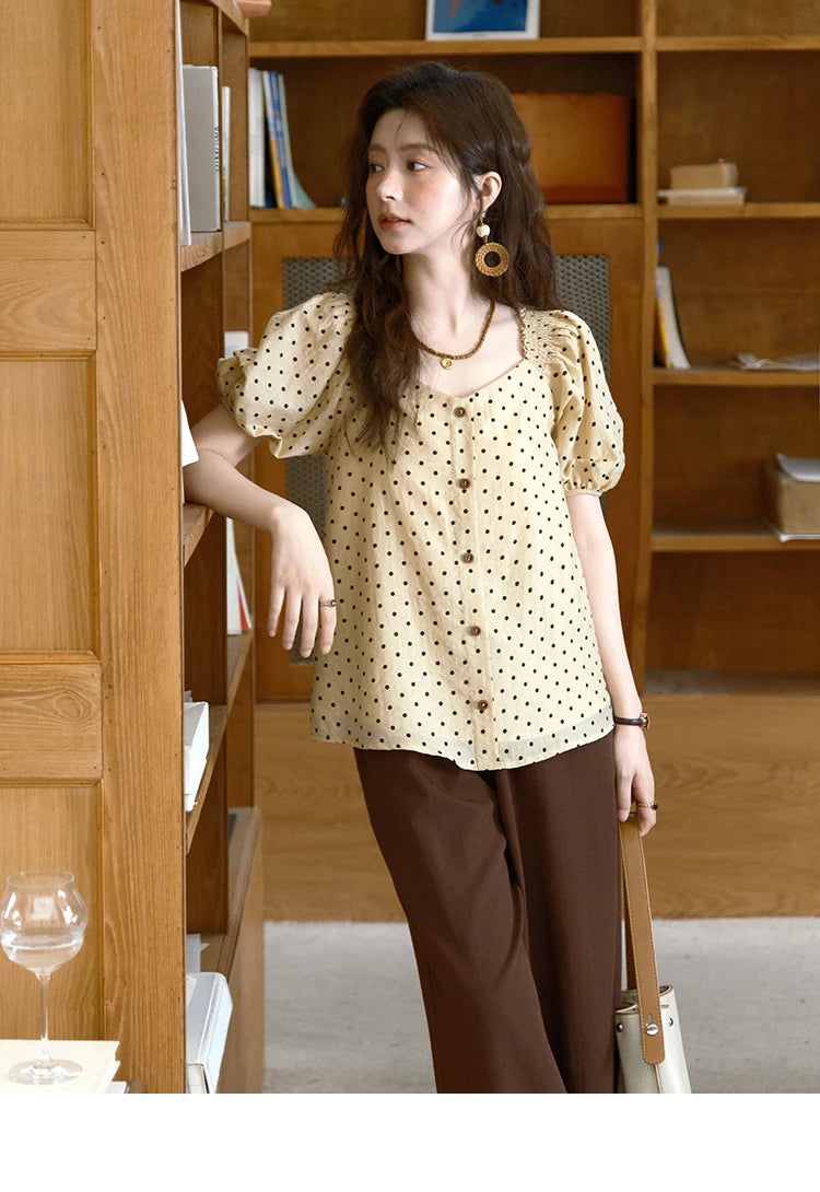 MISHOW Polka Dot Puff Sleeve Blouse V-Neck Button MXE37X1859