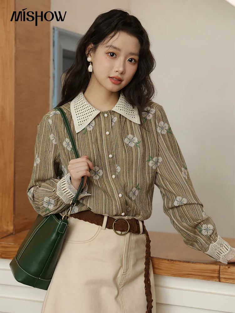 MISHOW Embroidered Shirt Hollowed Out Woven Lapel Lace Cuffs MXE44C2393