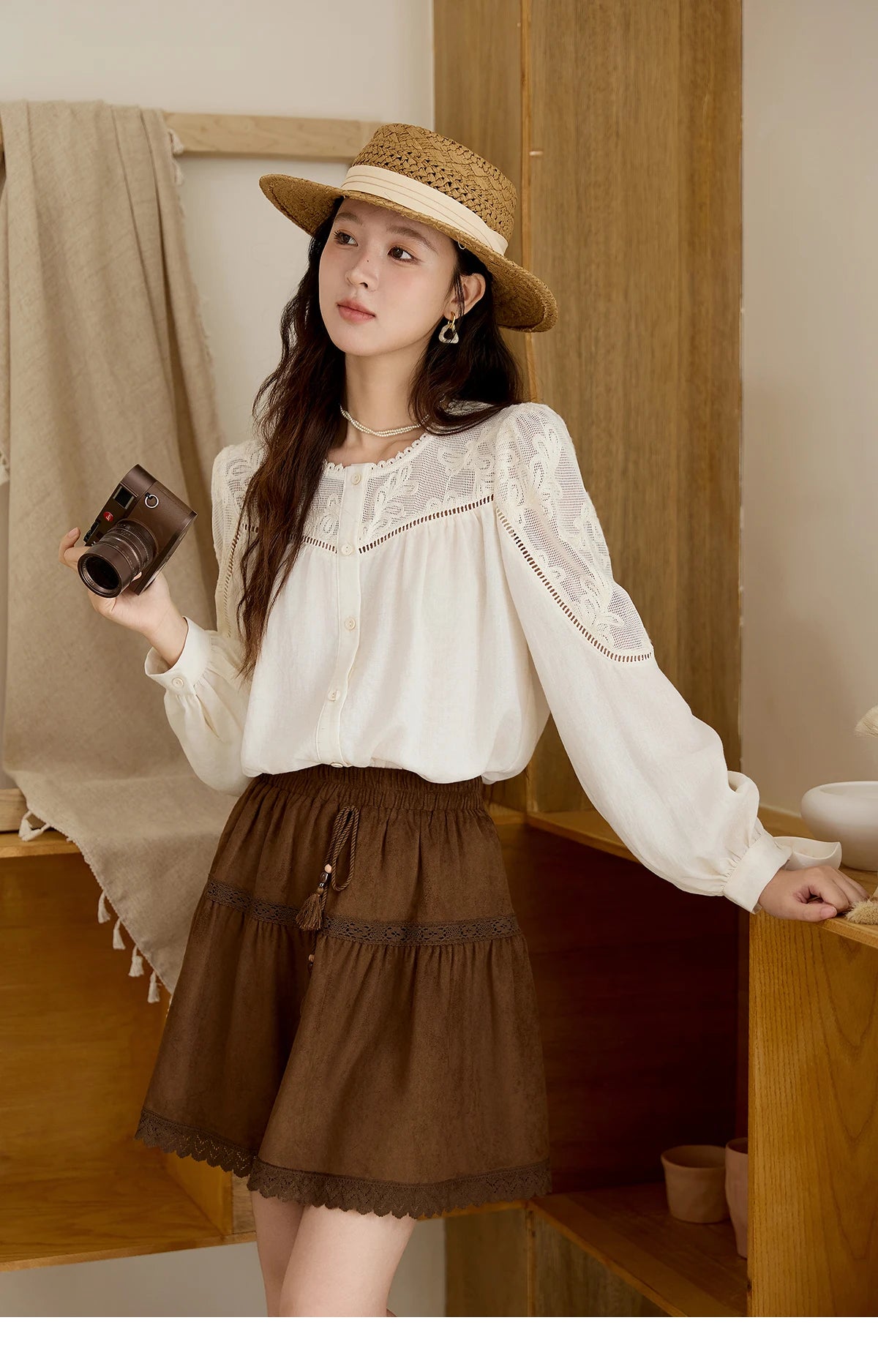 MISHOW Beige Hollow Out Embroidery Shirt O-Neck MXE44X2498
