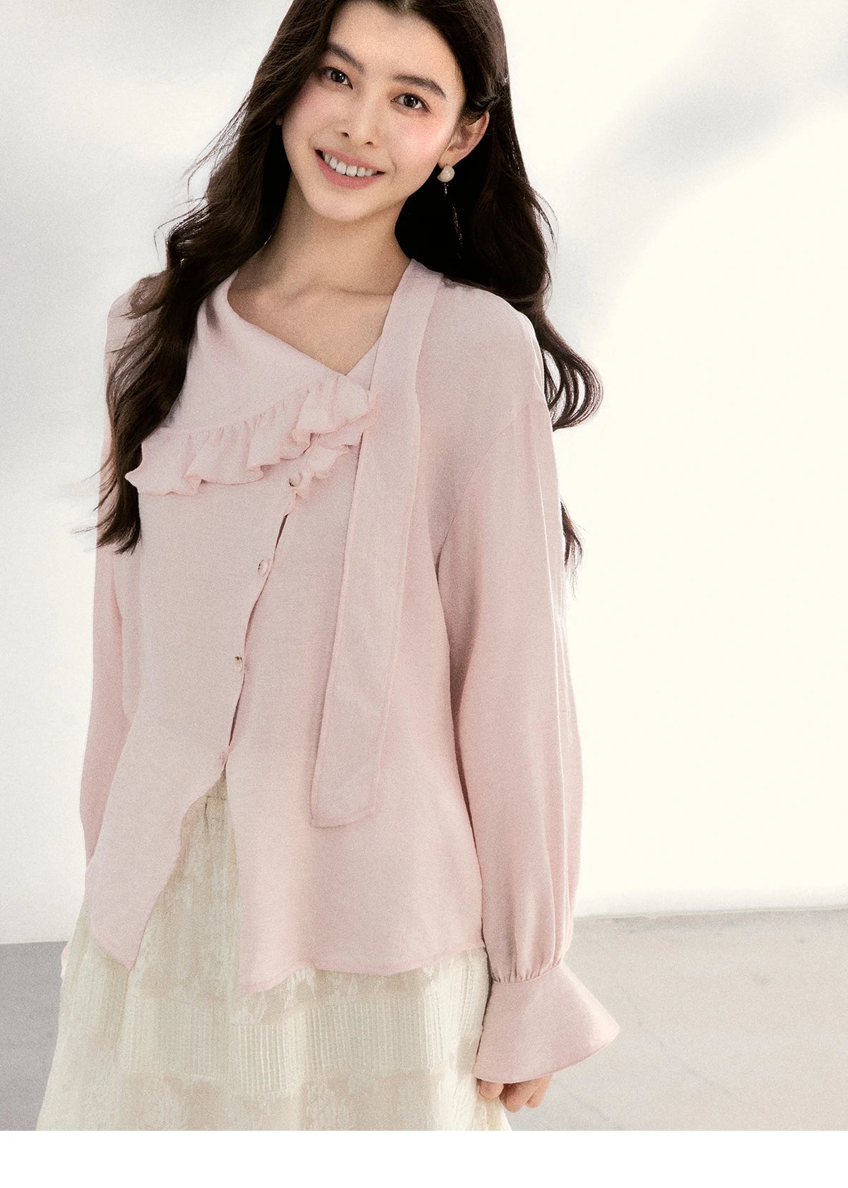 MISHOW Pink Asymmetrical Ruffled Collar Blouse Puff Sleeve MXF11X2520