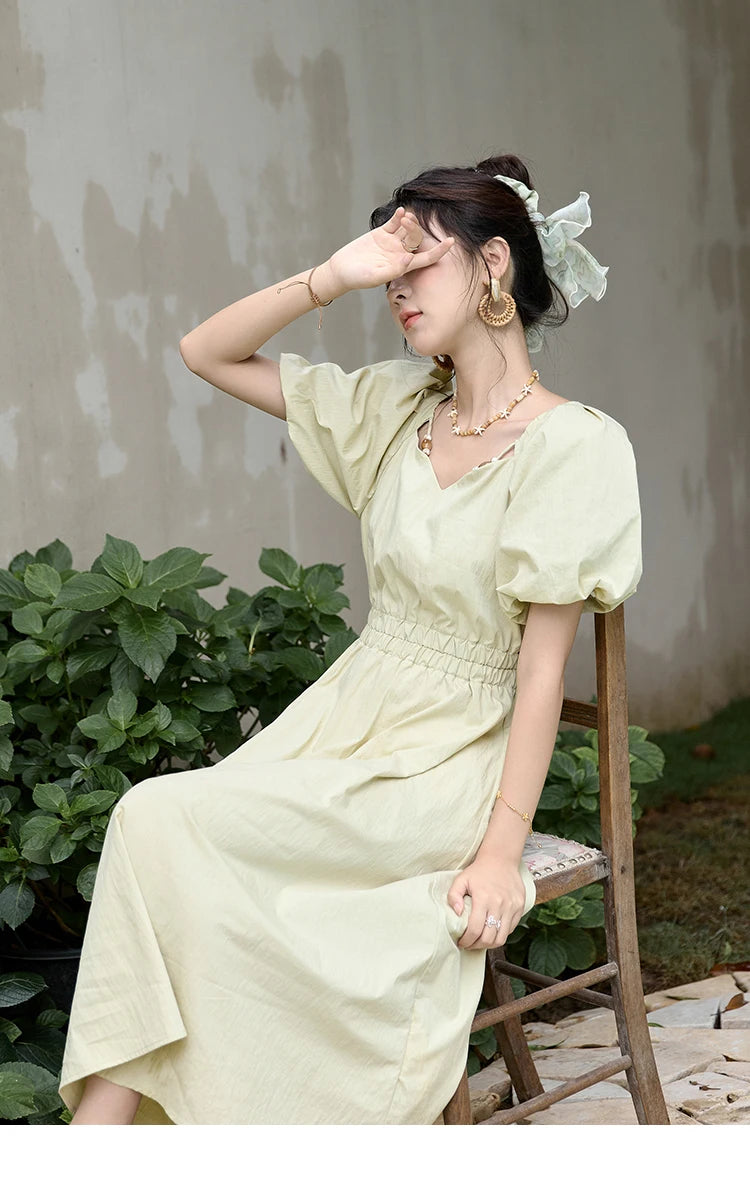 Mishow French V-Neck Bubble Sleeve Back Green Dress MXD22L1825