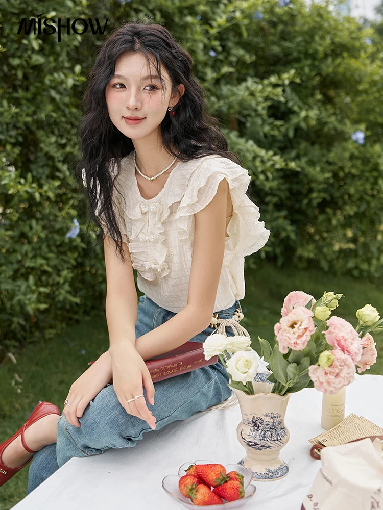 MISHOW Chinese Button Up Blouse Flying Sleeve with Camisole MXD21X1374