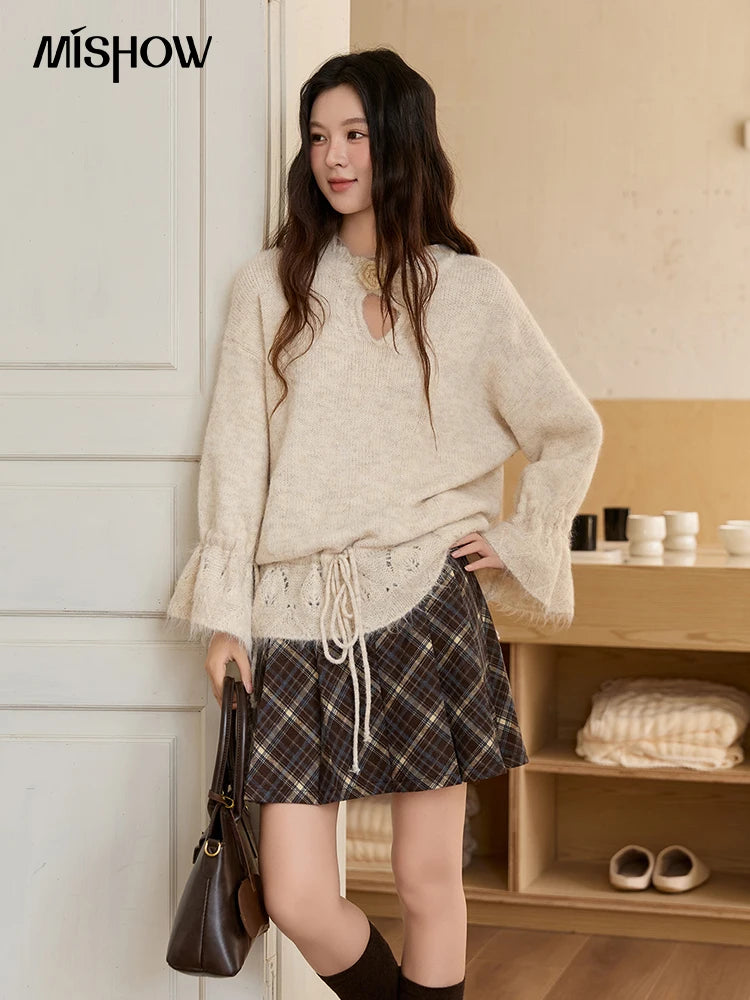 Mishow Apricot Drawstring 3D Flower Hollow Sweater MXE88Z2709