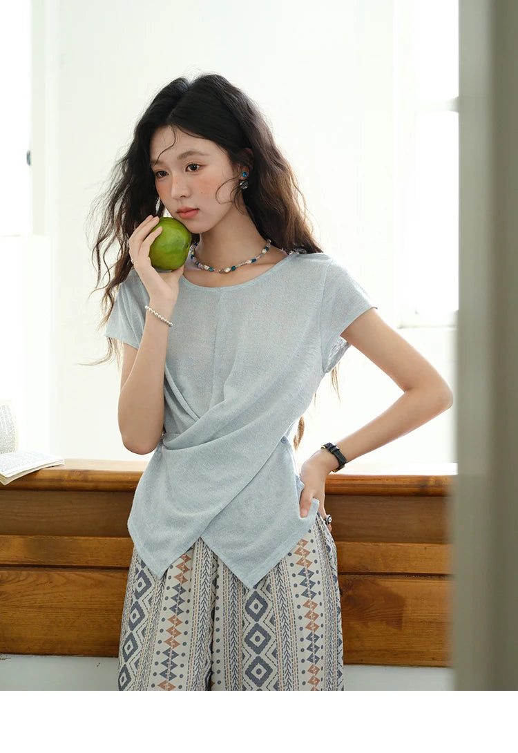 MISHOW Round Neck Knitted T-Shirt Irregular Design Button MXE39T0709