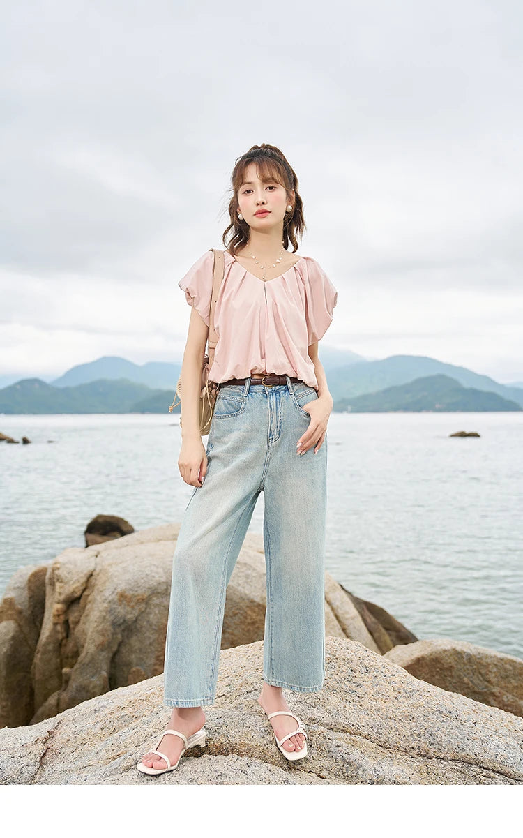 MISHOW French Rear Collar Tie Blouse V-Neck Puff Sleeve MXC38X1275