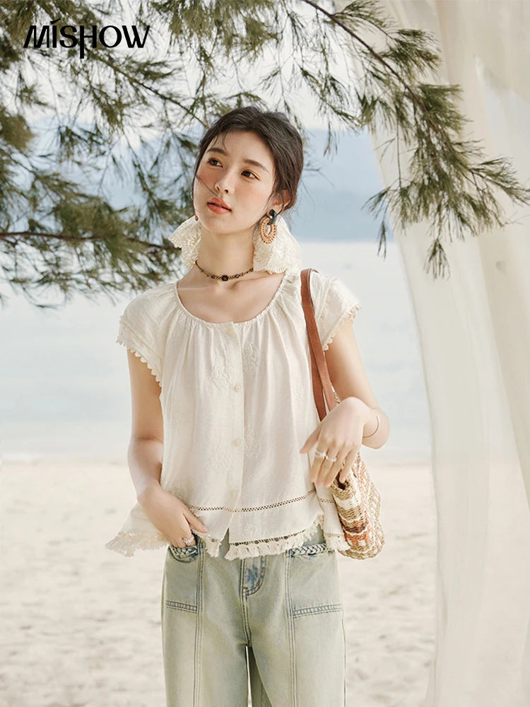 MISHOW Embroidered French Shirt Round Neck Short Sleeve MXE33X1744