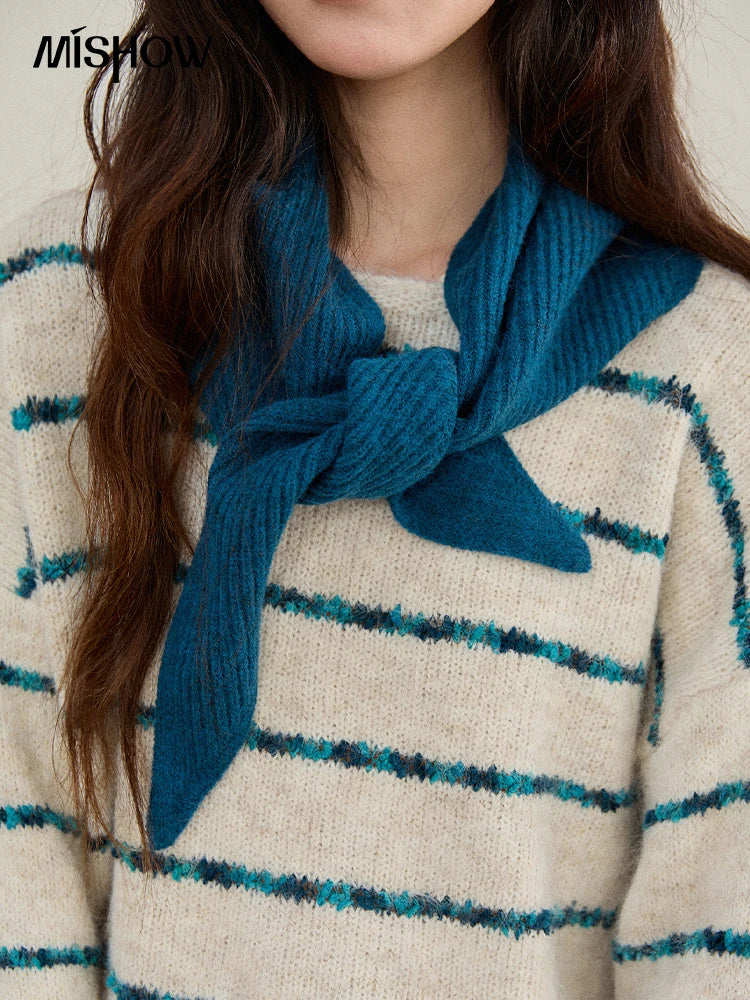 Mishow Blue Striped Alpaca Wool Sweater with Scarf Set MXE90Z2821
