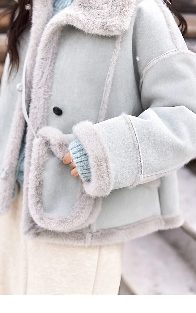 Mishow Suede Plush Fur Collar Jacket with Bag MXD57W0737