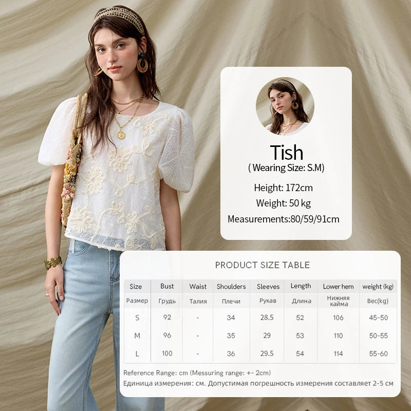 MISHOW Short Puff Sleeve Blouse Round Neck Jacquard MXE32X1772