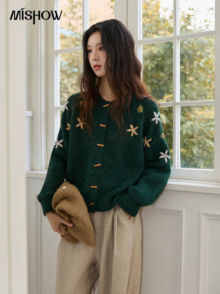 Mishow Green Retro Flower Embroidery Cardigan MXE86Z2729