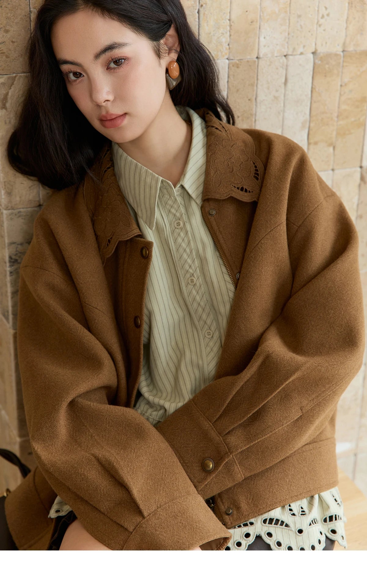 Mishow Brown Hollow Out Embroidery Woolen Coat MXE49W0856