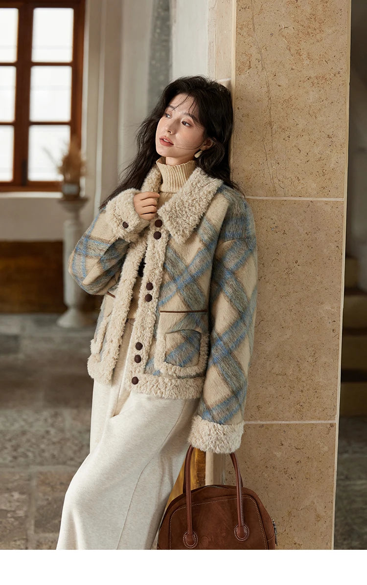 MISHOW Splicing Fleece Plaid Tweed Jacket Turn Down Collar MXD55W0574