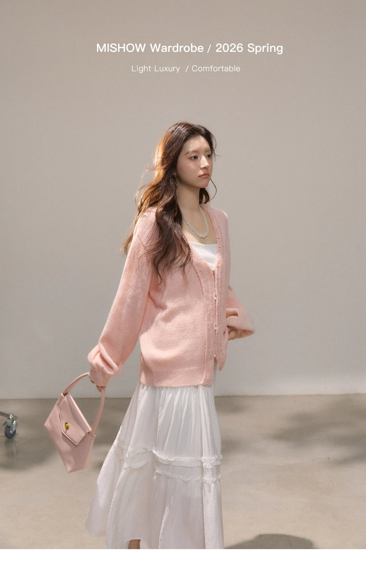 Mishow Pink Ruffled Pearl Button V-Neck Cardigan MXF108Z1028