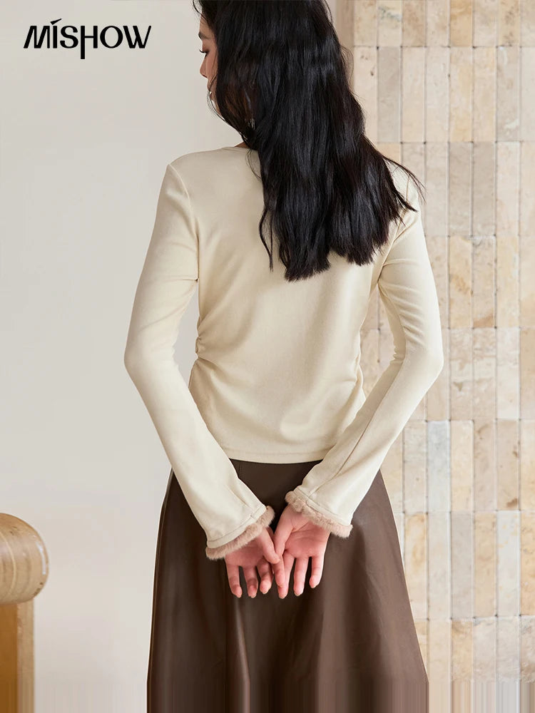 Mishow Apricot Brushed Knit Pleated Pullover MXE48Z2517