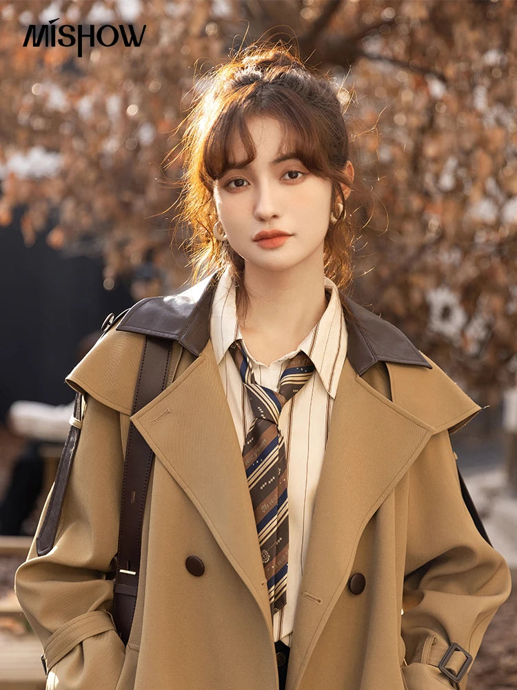 Mishow Polo Collar Patchwork Long Trench Coat MXB33W0399
