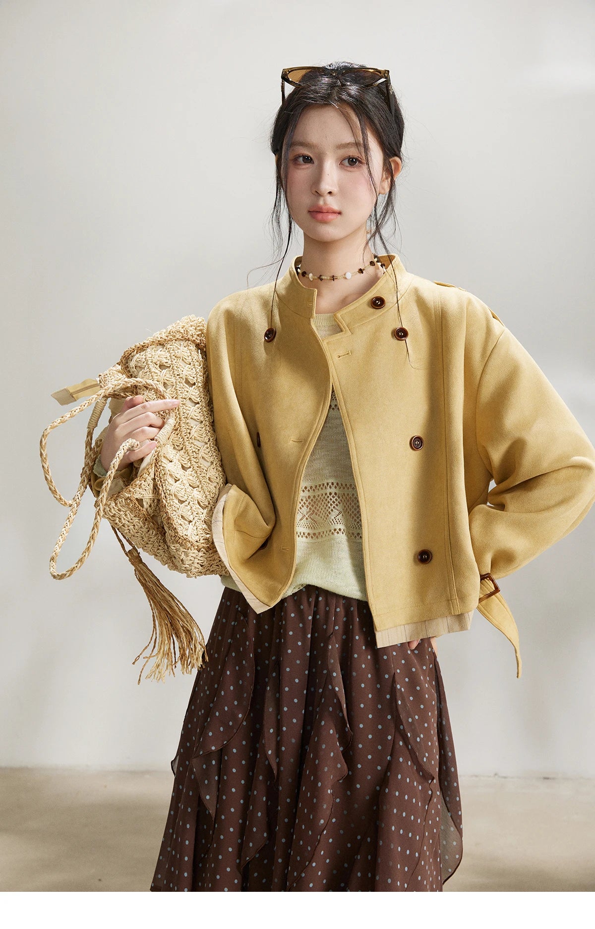 Mishow Yellow Double-Breasted Stand Collar Trench MXF11W1026