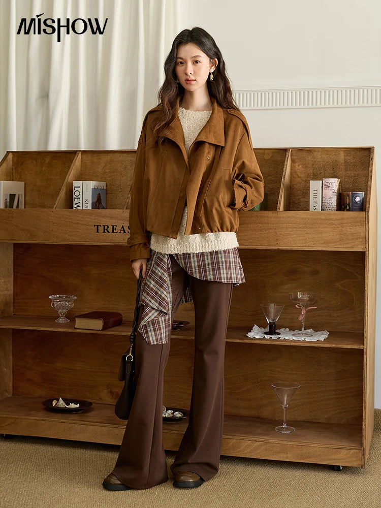MISHOW Vintage Suede Short Jacket Brown Lapel Zipper MXE45W0869
