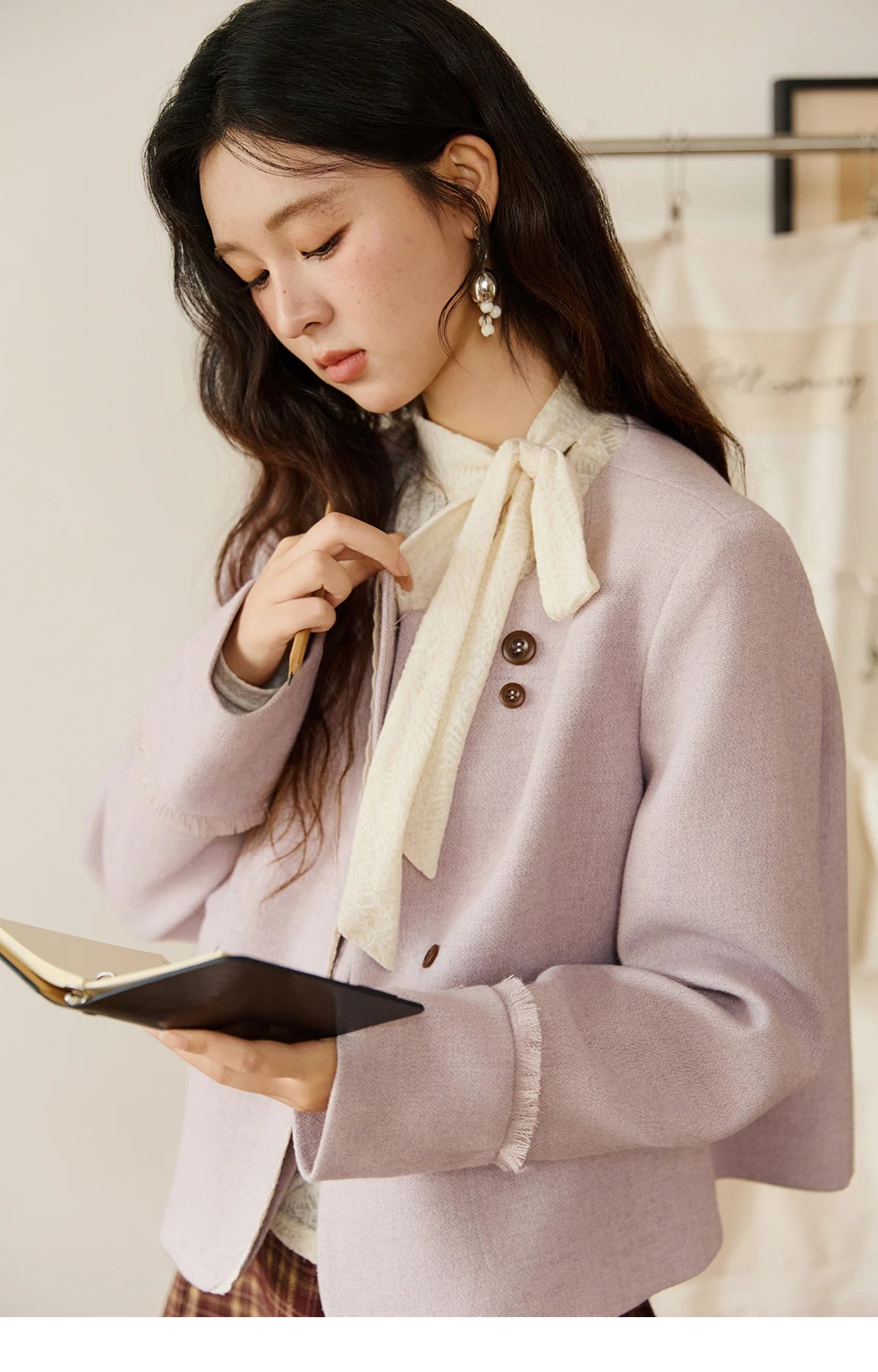 MISHOW Purple Woolen Coat Slanted Placket Splicing Lace Shoulder Pads MXE47W0840