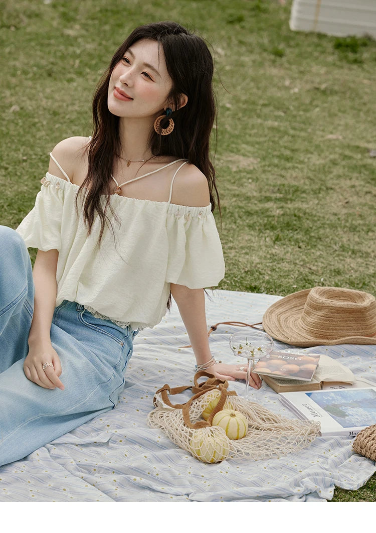 MISHOW French Camisole Shirt Off-Shoulder Lace Puff Sleeve MXE33X1755