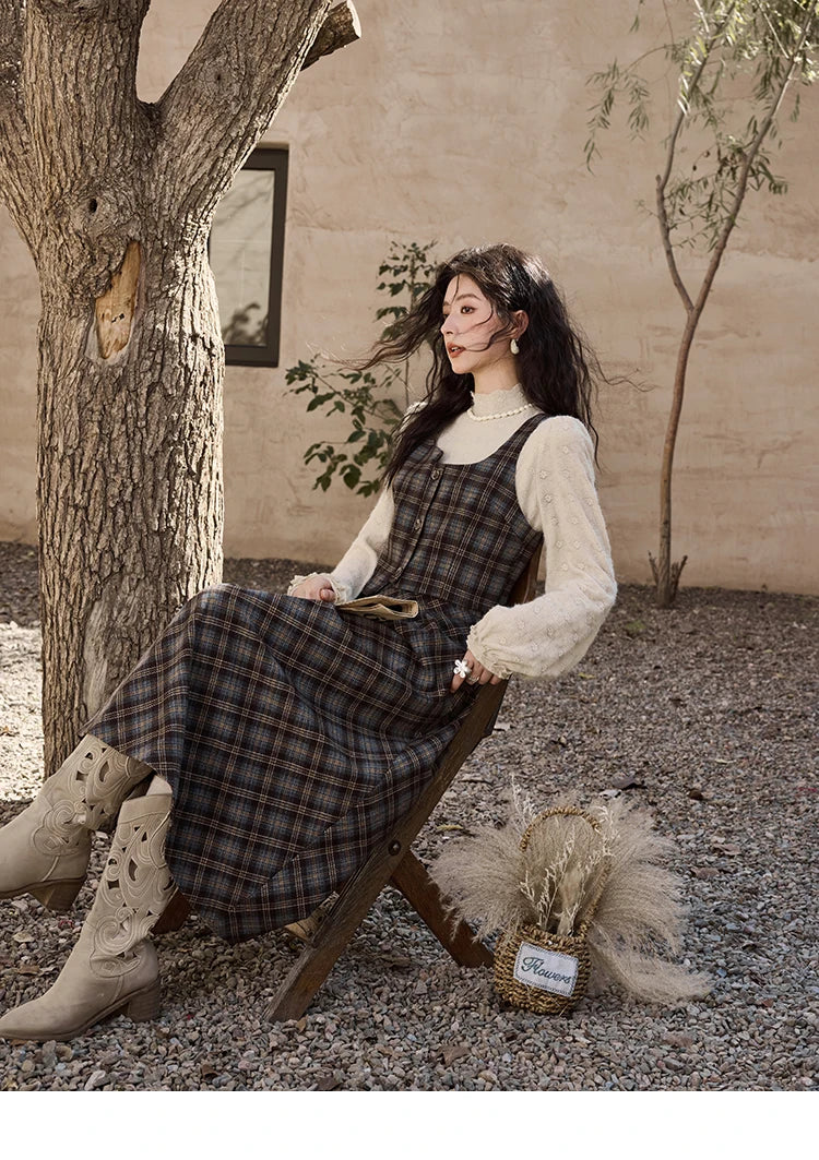 Mishow Blue Plaid Square Collar Vest & Midi Skirt Set MXD44W0454