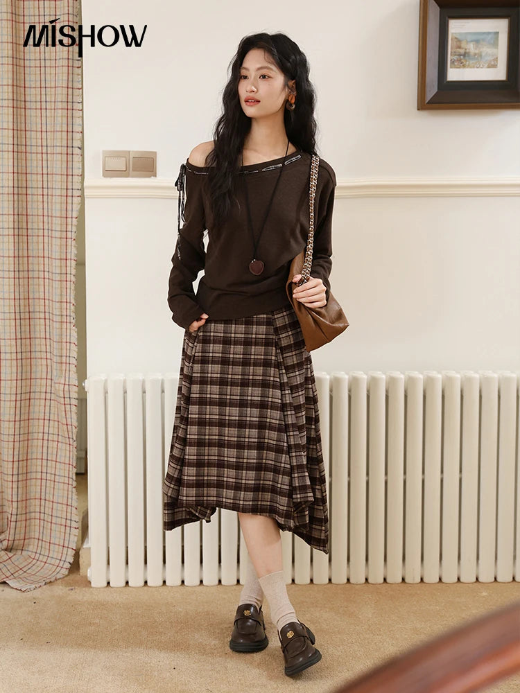 Mishow Slant Shoulder Dark Brown Strap Knit Top MXE45T1402