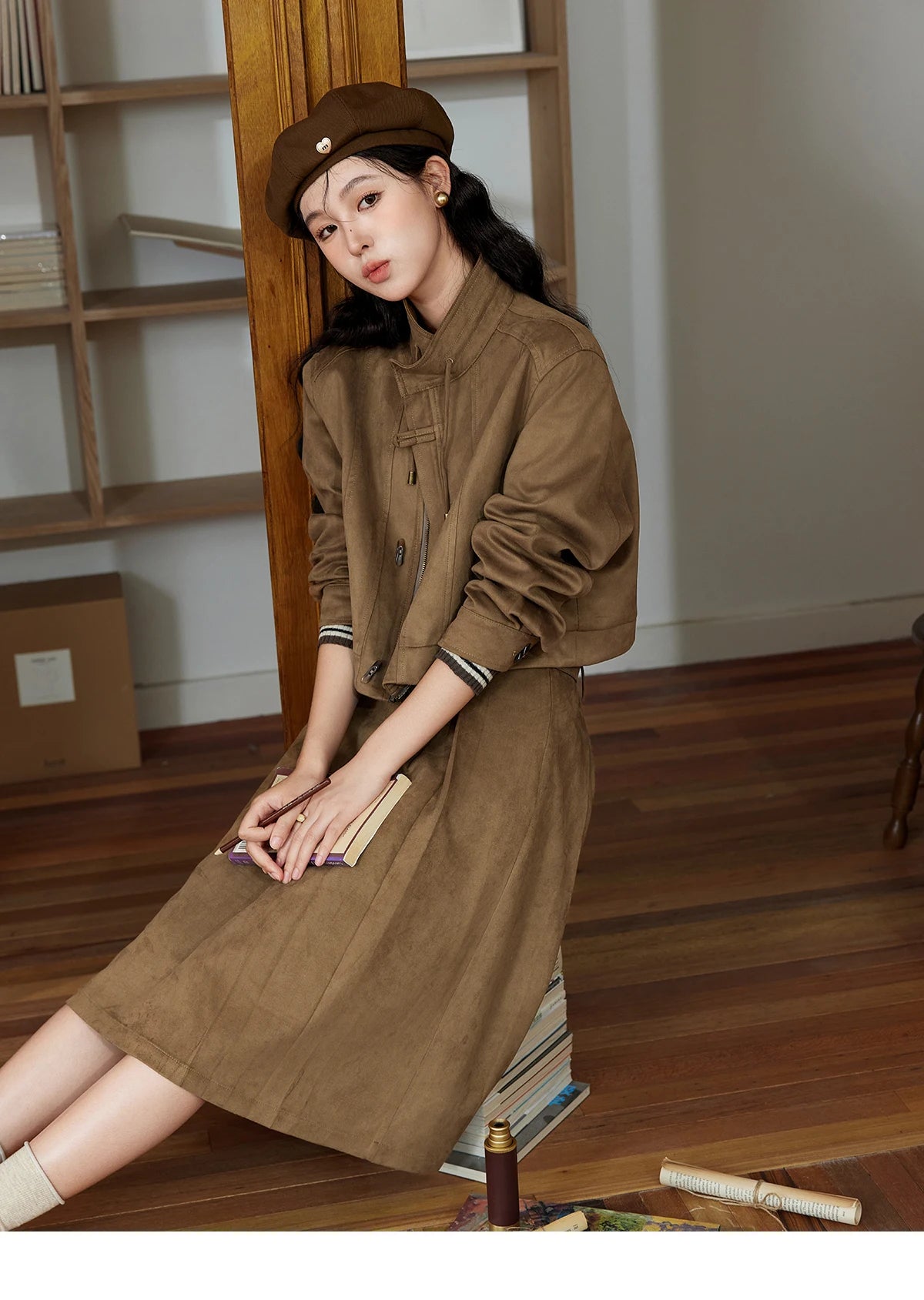 Mishow Retro Suede Stand Collar Jacket & Pleated Skirt Set MXD44W0423
