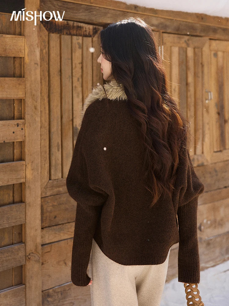 MISHOW Brown Knitted Cardigan Faux Fur Collar Batwing Sleeve MXE94Z2954