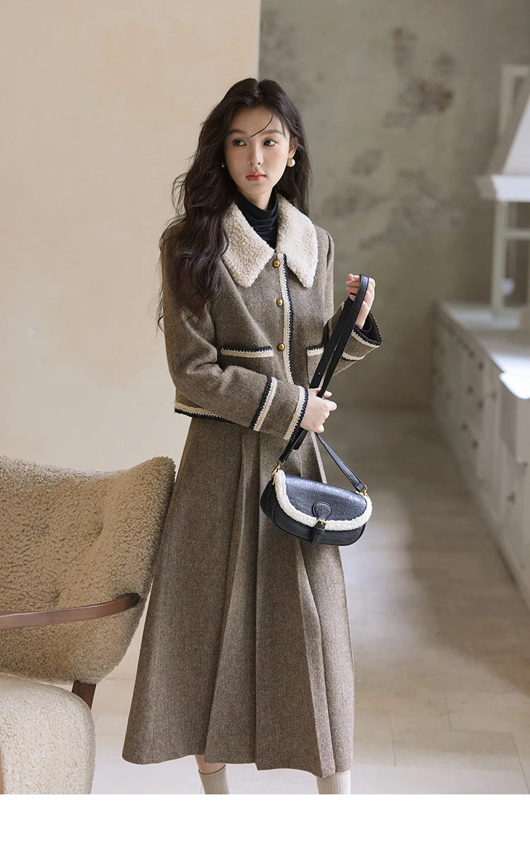 Mishow Vintage Plaid Tweed Jacket & Pleated Skirt Set MXD56W0569