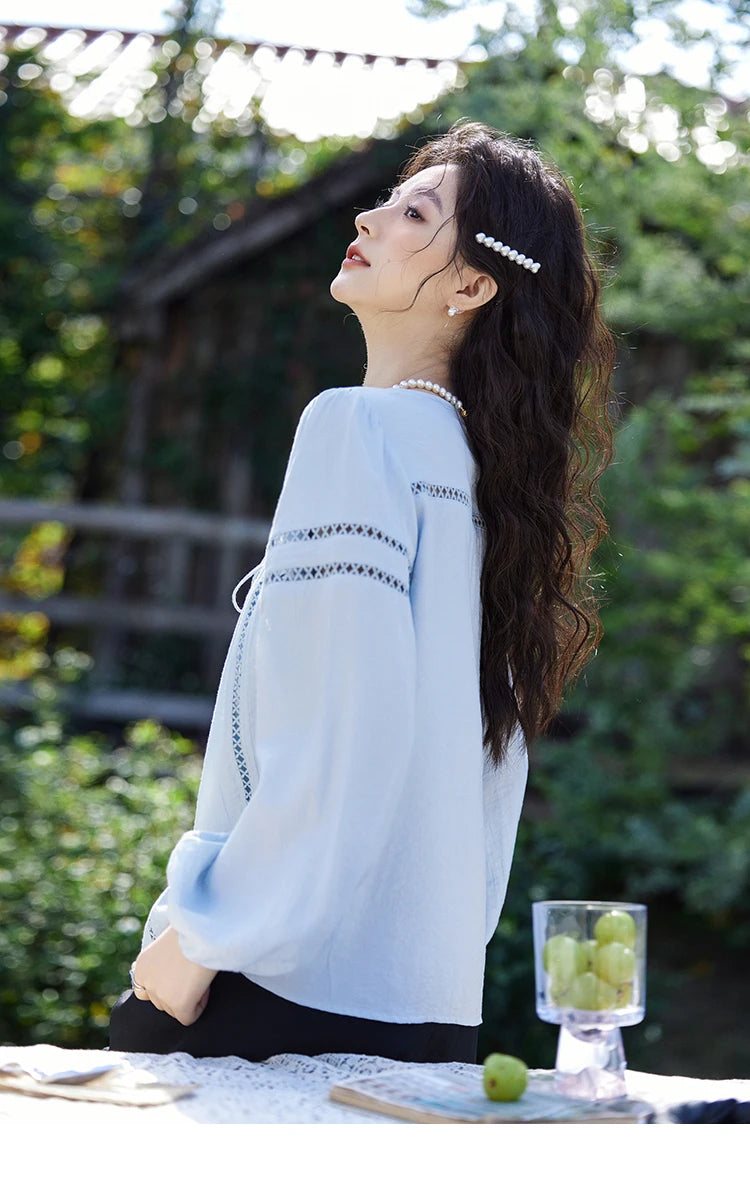 MISHOW Blue V-Neck Shirt Lace-Up Hollow Lantern Sleeve MXE12C0411