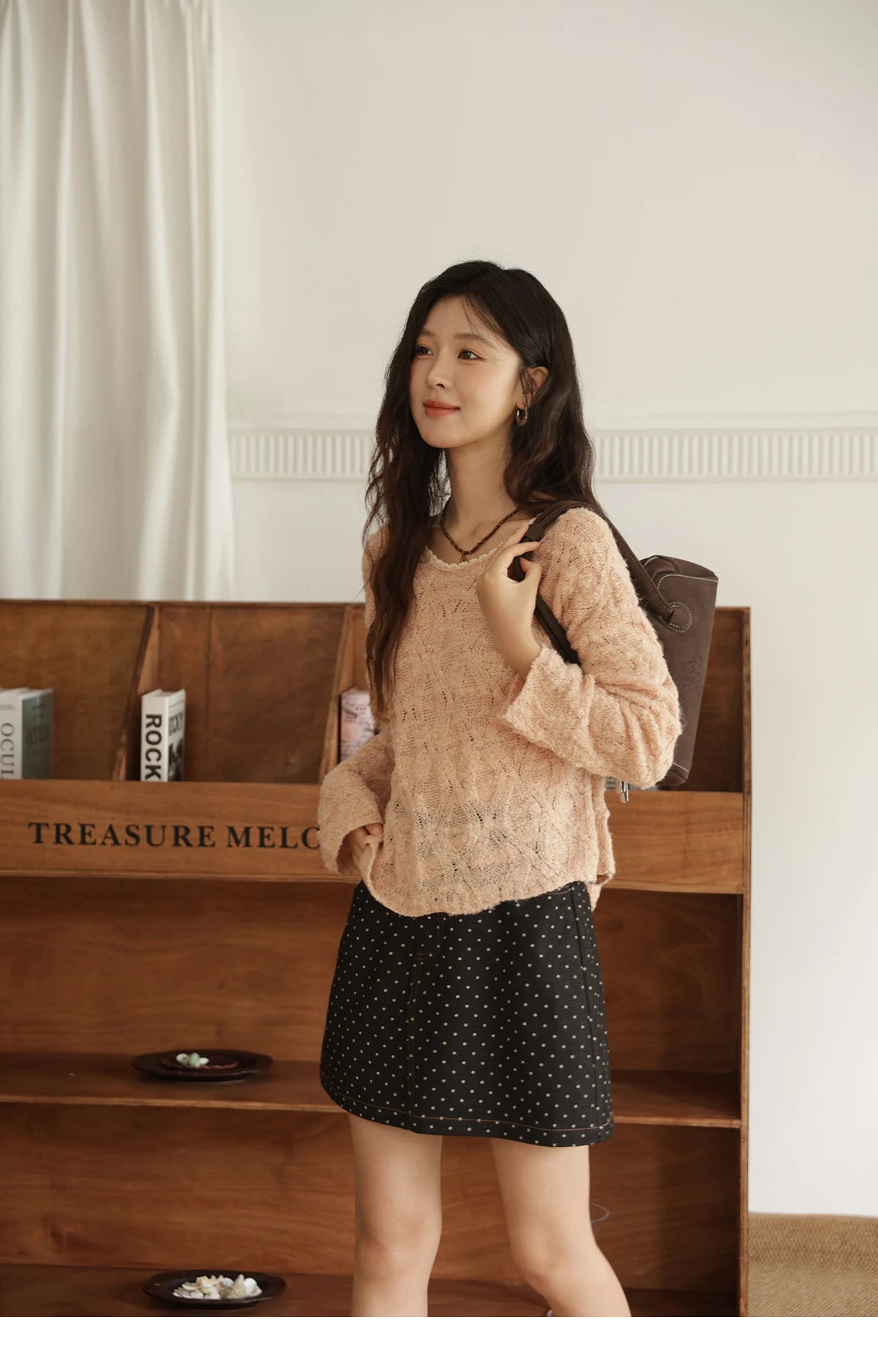 Mishow Bamboo Loop Yarn Hollow V-Neck Lace Sweater MXE43Z1349