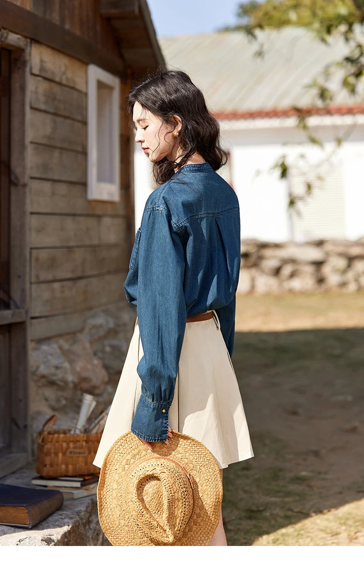 MISHOW 100% Cotton Denim Shirt O-Neck Loose Fit MXE12C0384