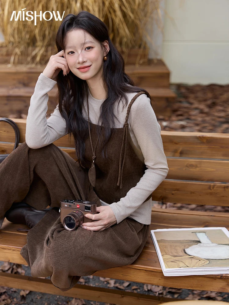 Mishow Brown Vest & Gray Top & Wide Leg Pants 3-Piece Set MXE49T1422
