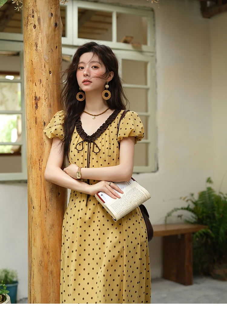 Mishow Polka Dot V-Neck Lace Up Puff Sleeve Dress MXE39L2326