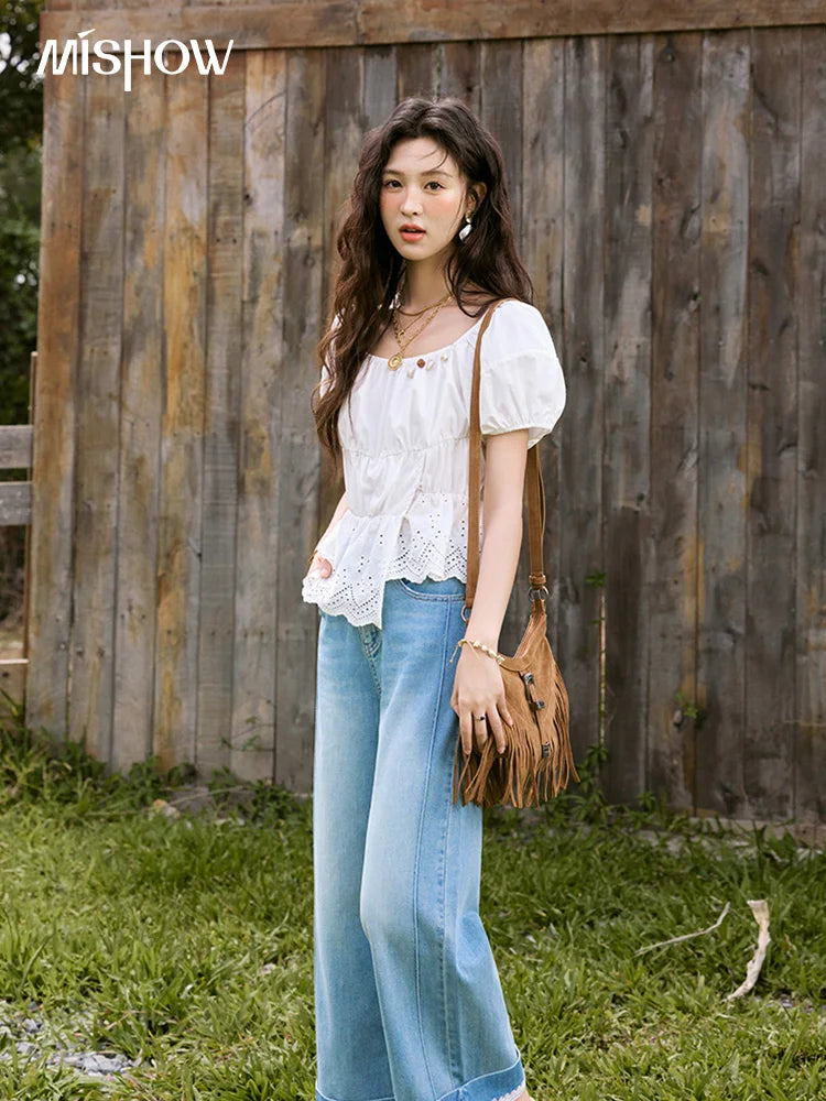 MISHOW Solid Short Puff Sleeve Blouse Hem Hollow Beading MXE33X1776