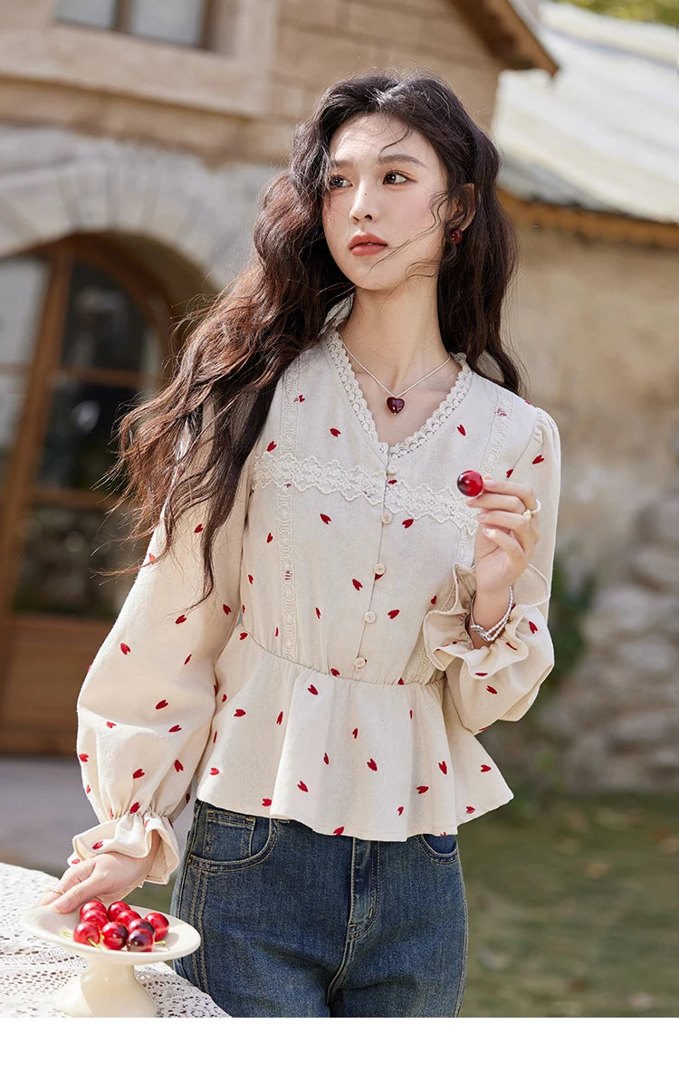 MISHOW Love Embroidered V-Neck Blouse Waist Ruffle MXE13X1700