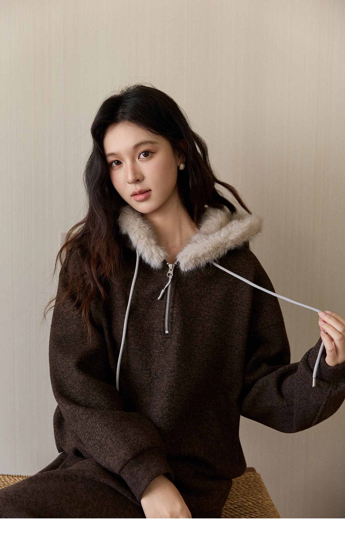 Mishow Brown Faux Fur Hood Sweatshirt & Wide Leg Pants Set MXE94T1476