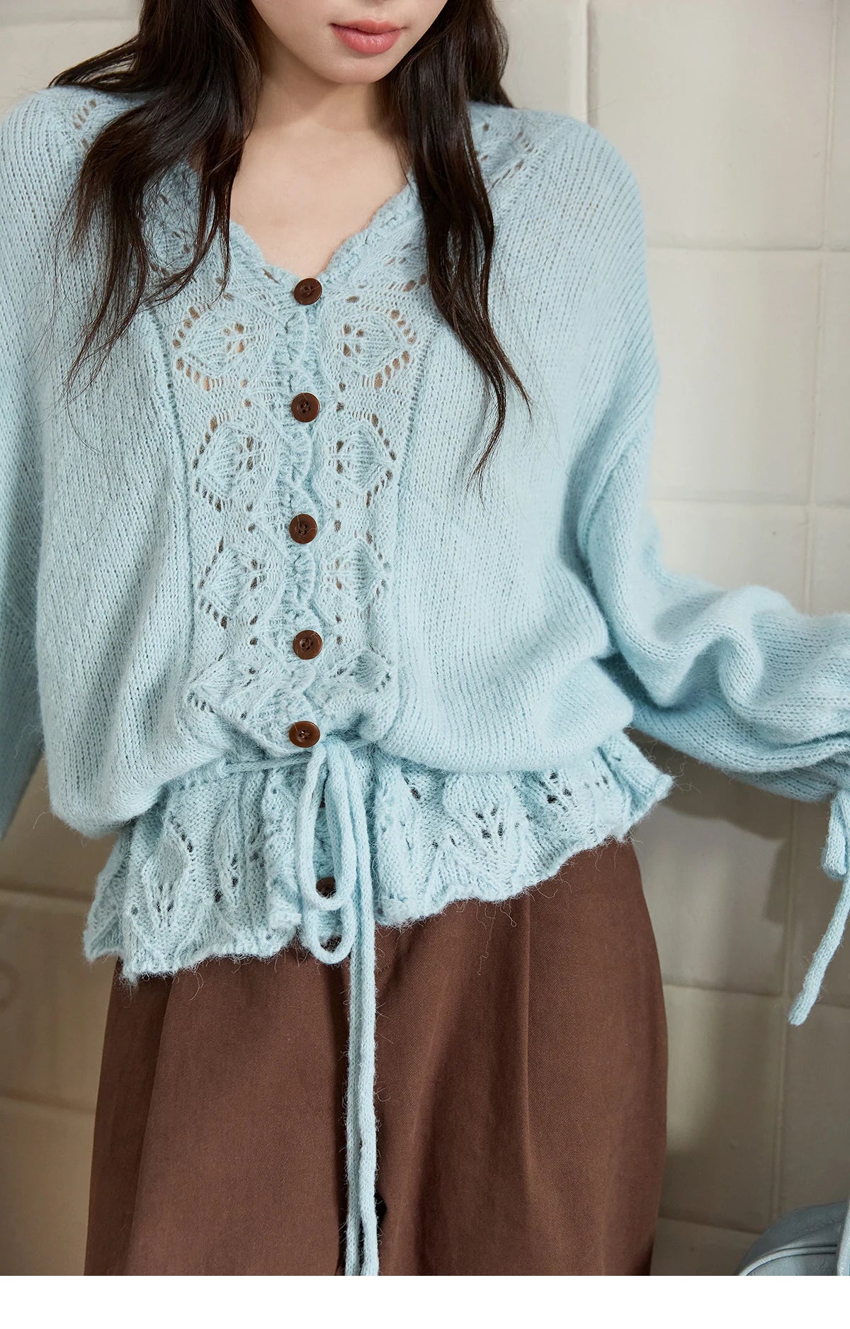 Mishow Hollow Knit V-Neck Flared Sleeve Cardigan MXE47Z2513