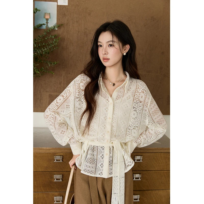 MISHOW Hollow Lace Shirt Camisole Set Drawstring Waist MXF108C0816