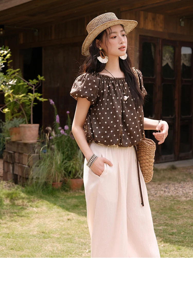 Mishow Polka Dot One Shoulder Puff Sleeve Top & Wide Leg Pants Set MXE38T0683