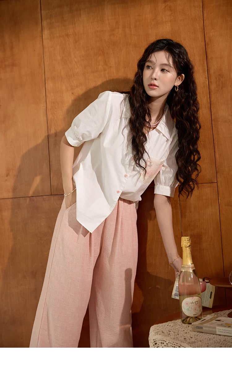 MISHOW Cotton Short Sleeve Shirt Embroidered Pocket Puff Sleeve MXD26C0243