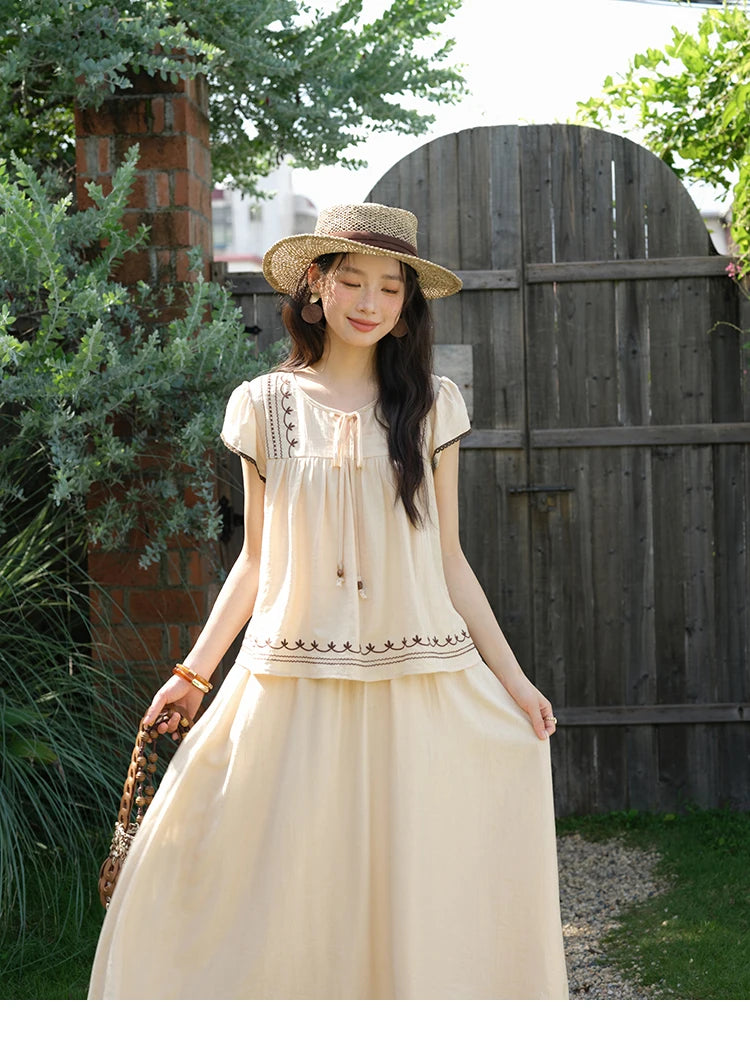 Mishow Embroidery Flying Sleeve Top & Elastic Waist Skirt Set MXE39T0667