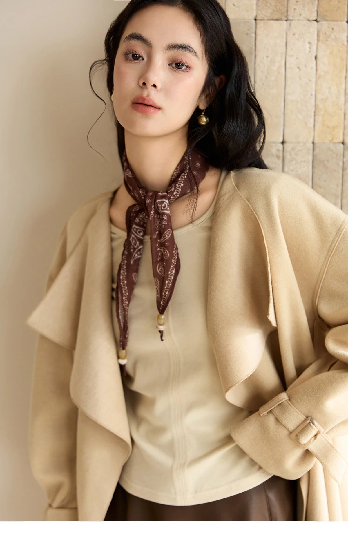 Mishow Drawstring Waist Large Lapel Mid-Length Woolen Coat MXE45W0841