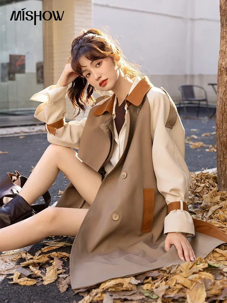 Mishow Khaki Contrast Color Spliced Trench Coat MXB31W0367