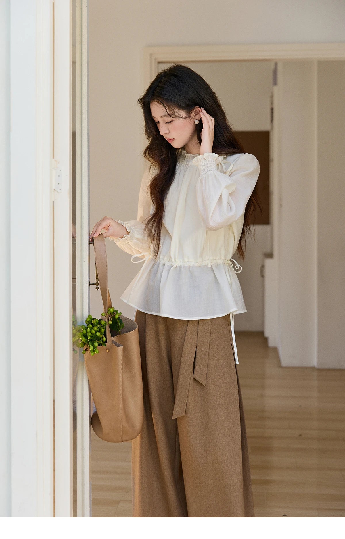 MISHOW Ruffled Stand Collar Blouse Drawstring Waist Puff Sleeve MXF11C2428