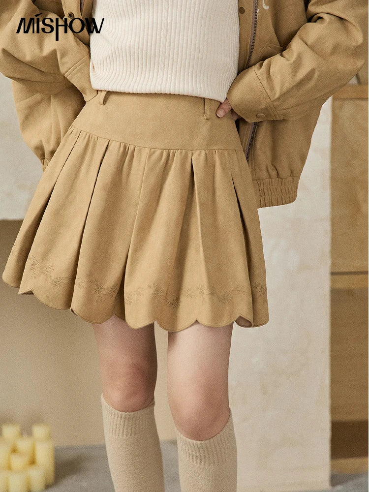 Mishow Embroidered Pleated High Waist Wavy Hem Skirt MXE87B2451